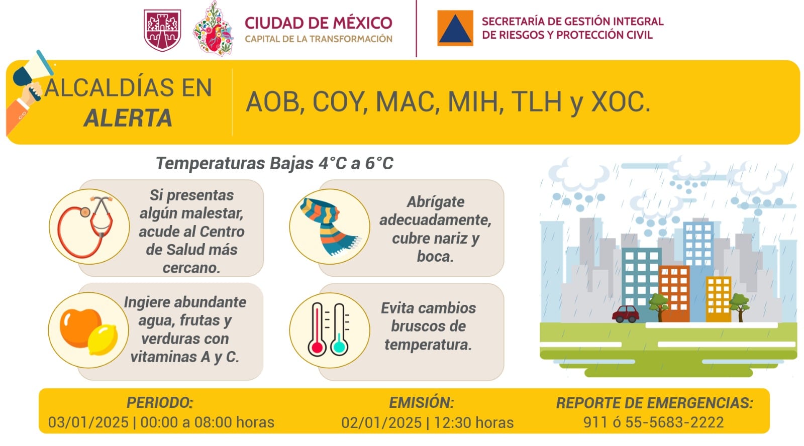 Alerta Amarilla en 6 alcaldías por clima CDMX 3 de enero