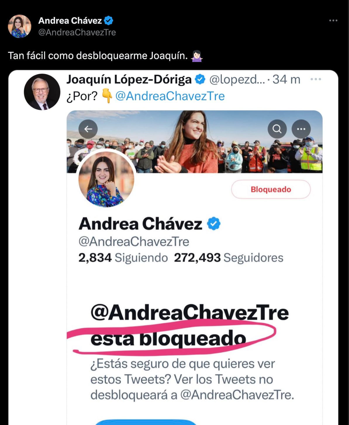 Andrea Chávez bloqueó a Joaquín López-Dóriga de Twitter... o no