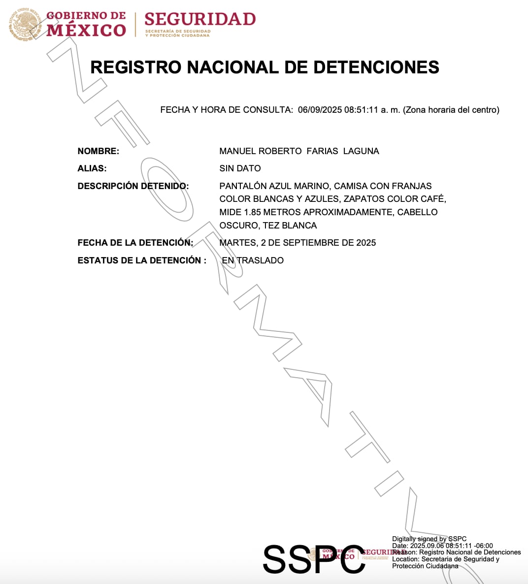 Captura de Manuel Roberto Farías Laguna asentada en el Registro Nacional de Detenciones