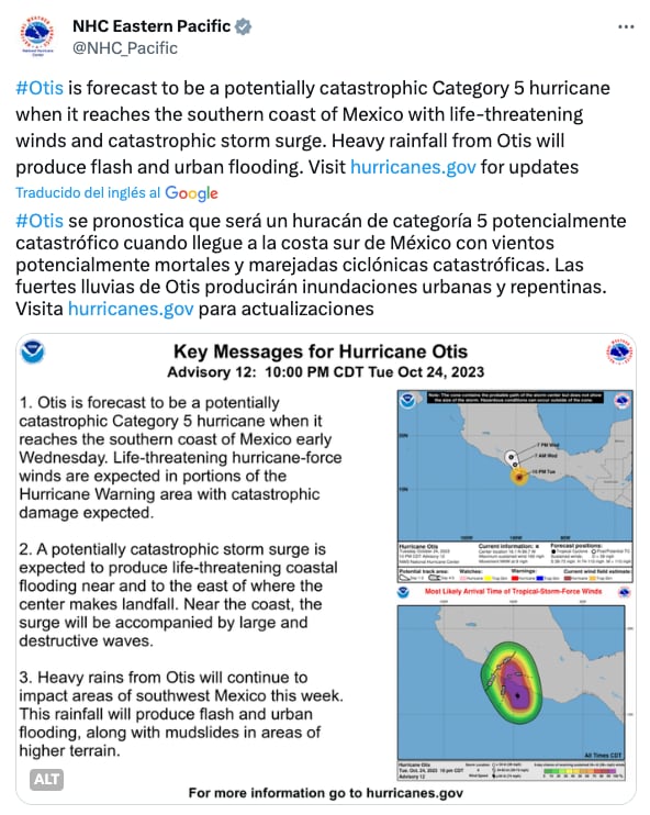 Centro Nacional de Huracanes de Estados Unidos ya sabía que lo provocaría Otis
