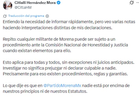 Citlalli Hernández: cualquier militante de Morena puede ser investigado por la CNH