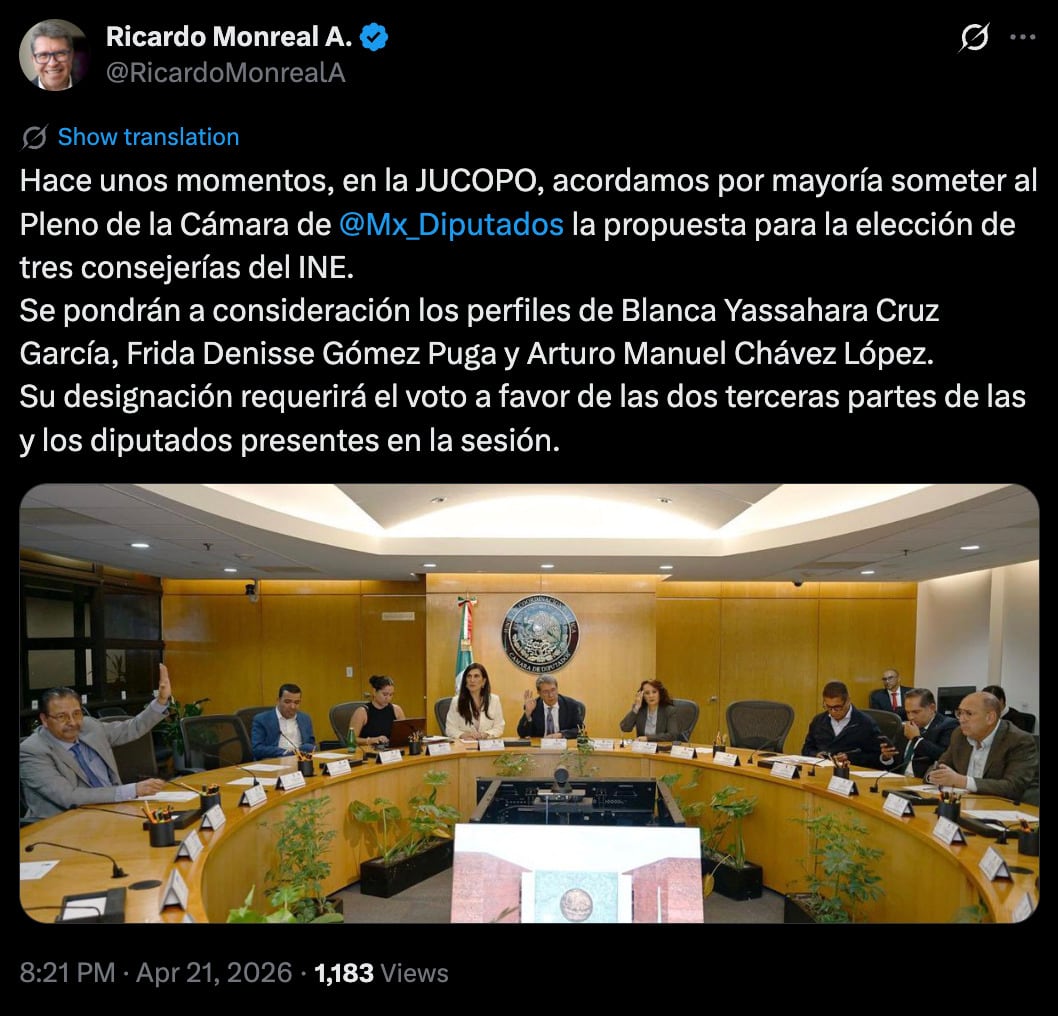 Monreal confima terna de consejeros del INE