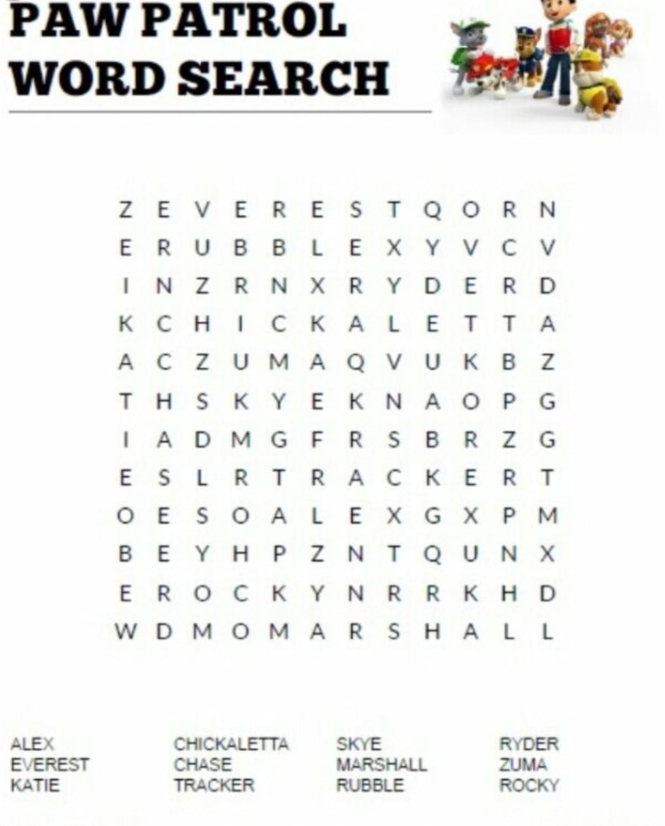 Sopa de letras en el libro de Paw Patrol para imprimir y colorear