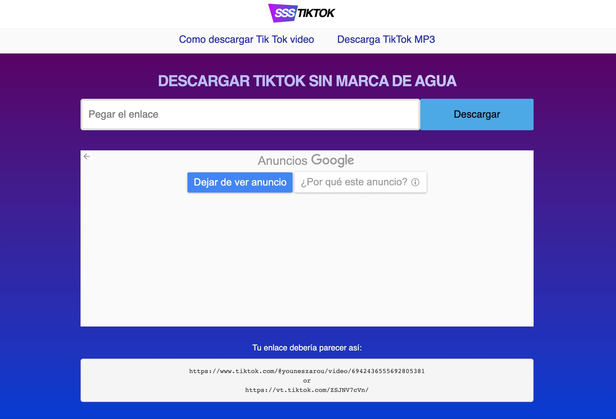 Página principal de SSS tik.io para descargar audios