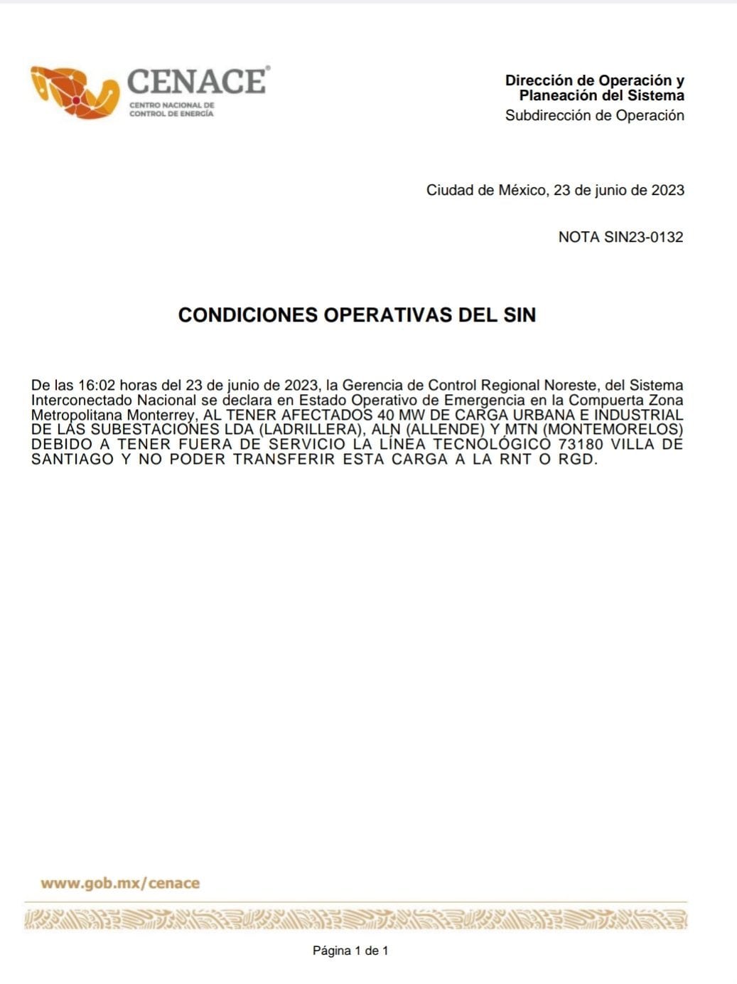 Cenace declara Estado de Emergencia en Compuerta de zona sur de Monterrey