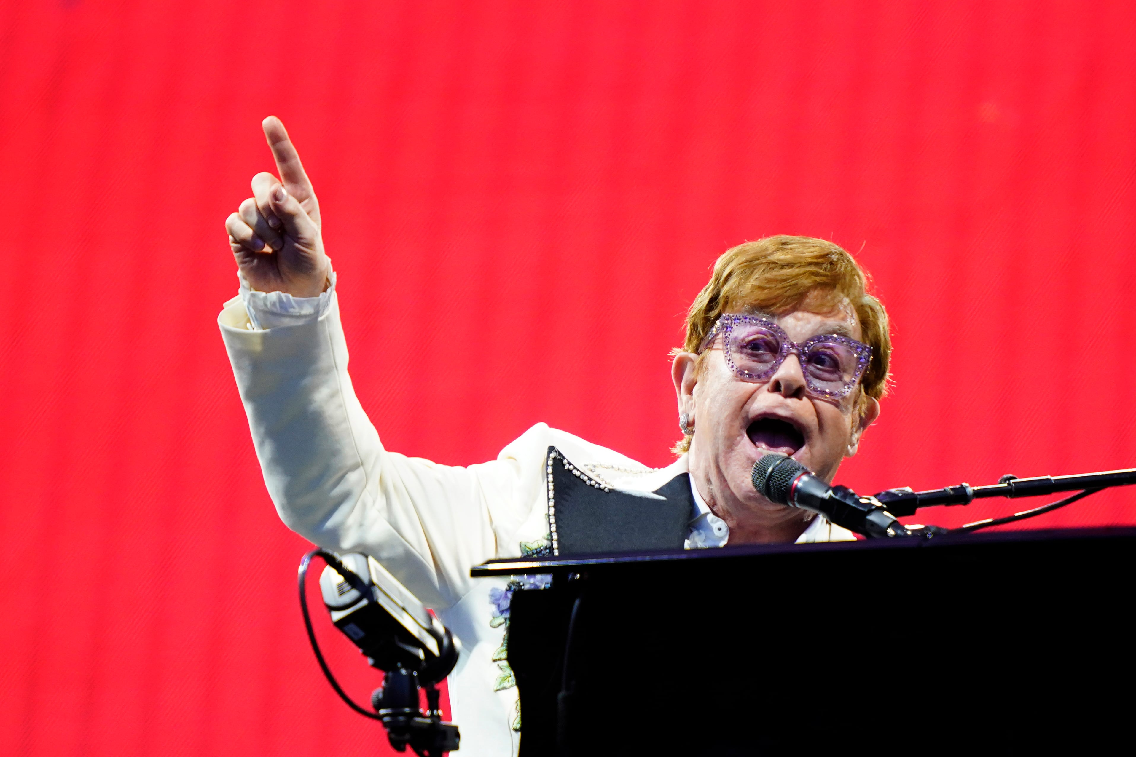 Elton John performs during his "Farewell Yellow Brick Road," tour, Friday, July 15, 2022, at Citizens Bank Park in Philadelphia. (AP Photo/Matt Rourke)