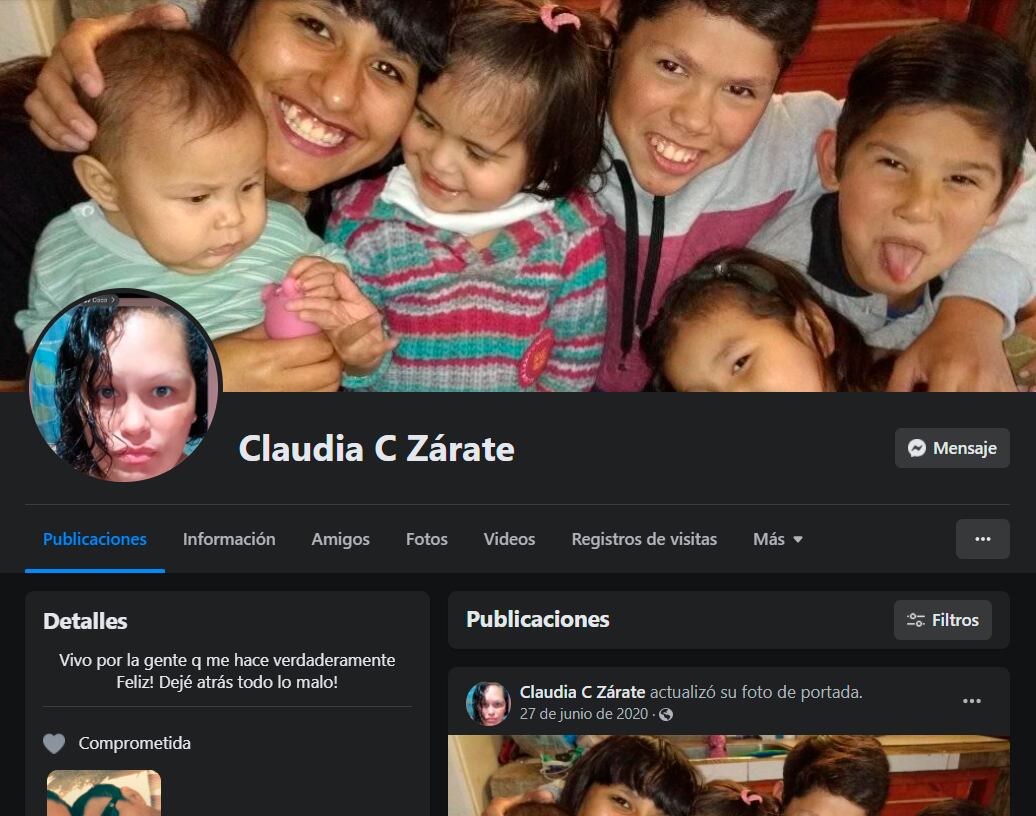 Captura de pantalla del perfil privado de facebook de Claudia Zárate