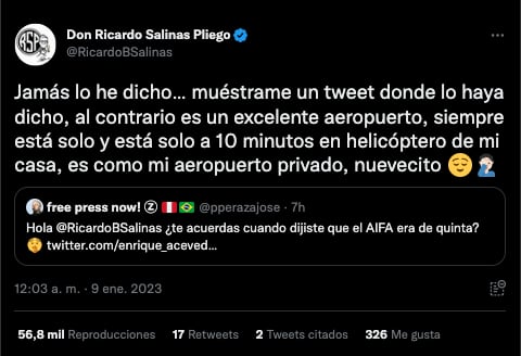 Ricardo Salinas Pliego señala al AIFA como su aeropuerto privado