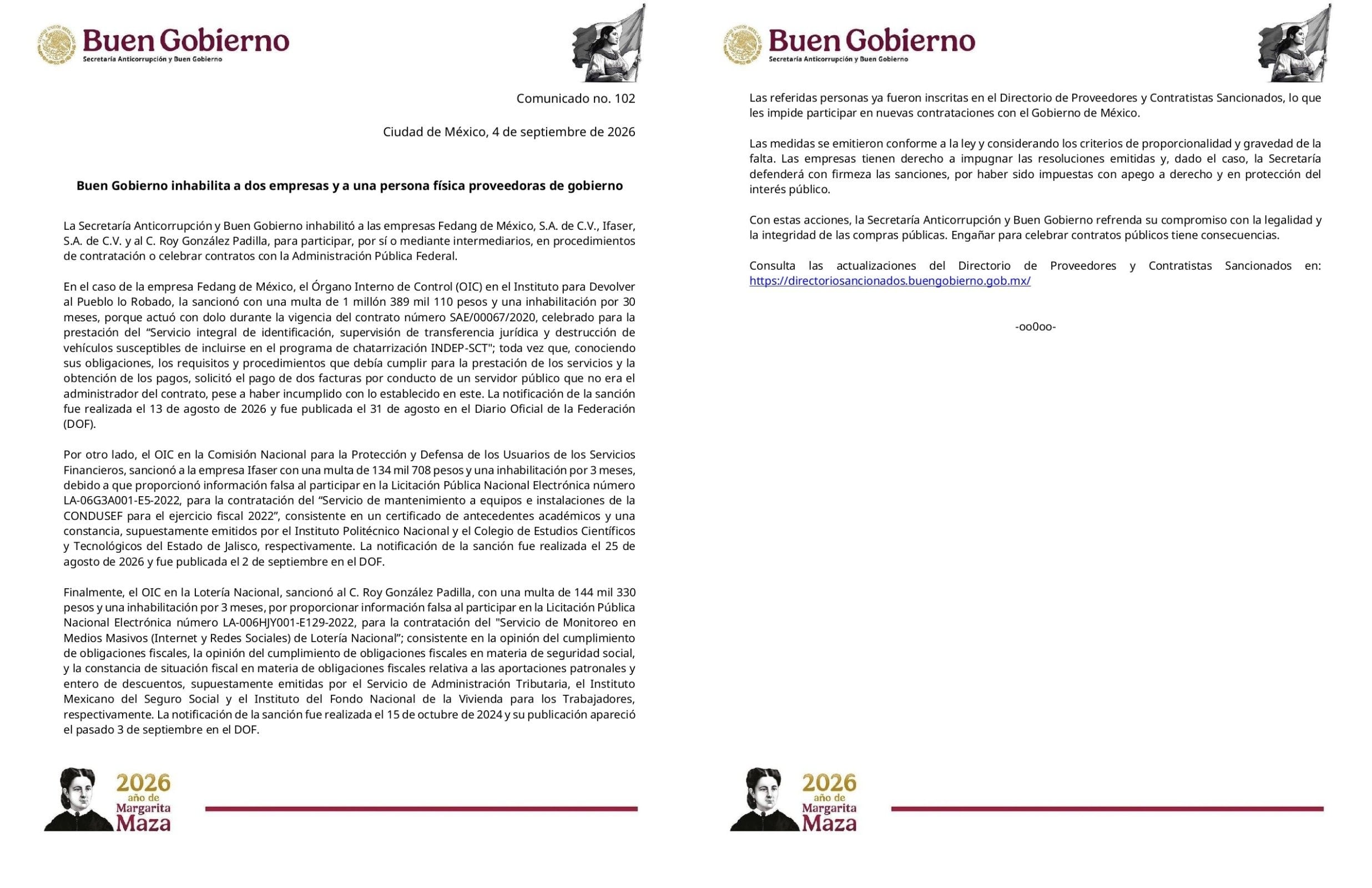 Comunicado de la Secretaría Anticorrupción y Buen Gobierno
