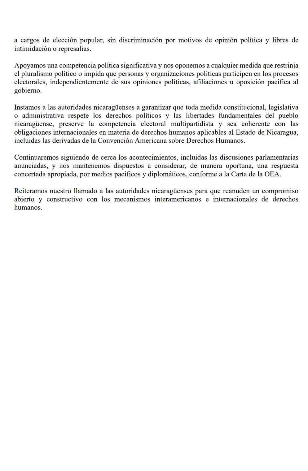 La OEA suma presión contra Nicaragua por sus cambios al sistema electoral