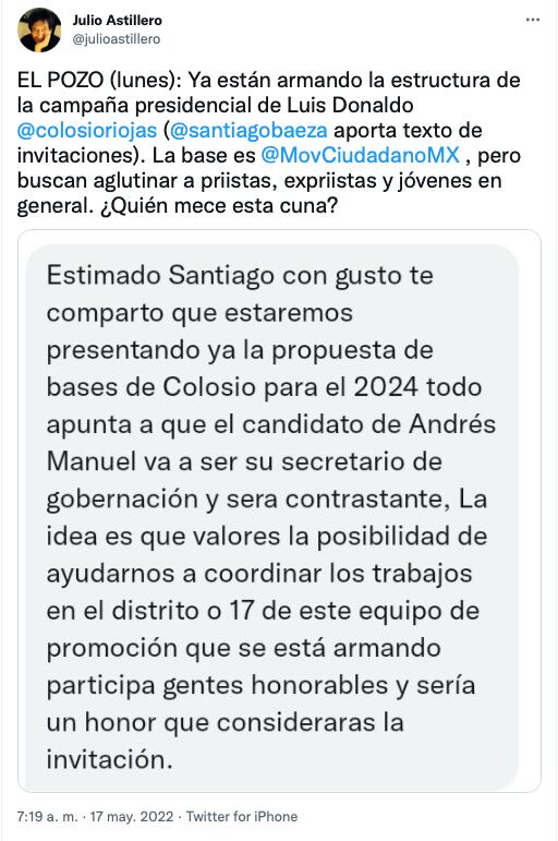 captura de pantalla de char que indica el inicio de una posible campaña para la presidencia de 2024 de Luis Donaldo Colosio Riojas/@julioastillero