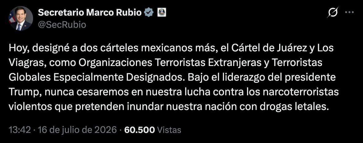 Marco Rubio respalda designación del Cártel de Juárez y Los Viagras como grupos terroristas