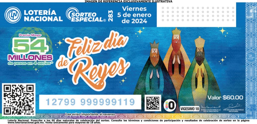 Este es el billete conmemorativo del Sorteo Especial 283 de la Lotería Nacional por el Día de los Reyes Magos