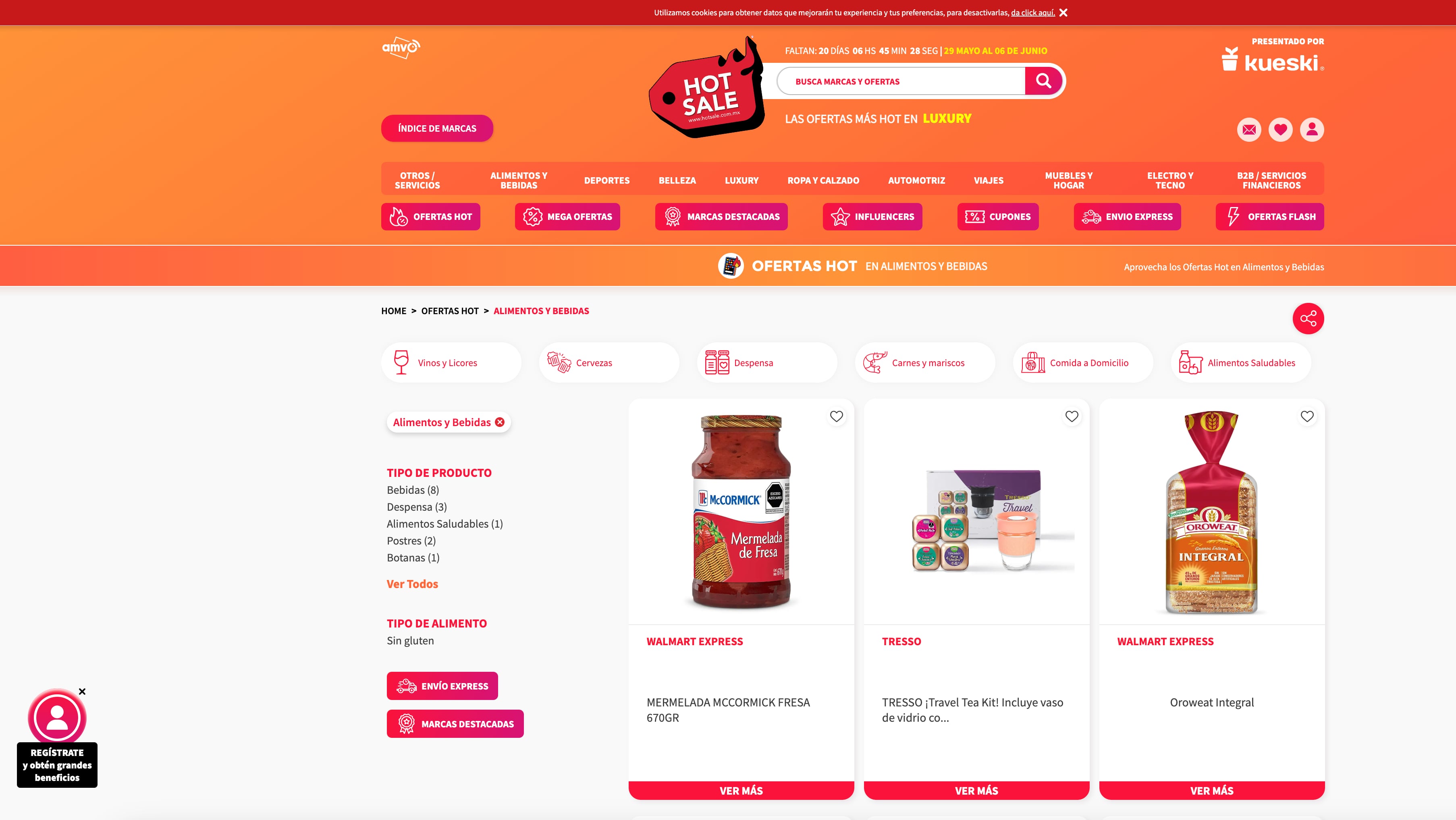 Algunas de las ofertas en alimentos y bebidas en la página de Hot Sale.