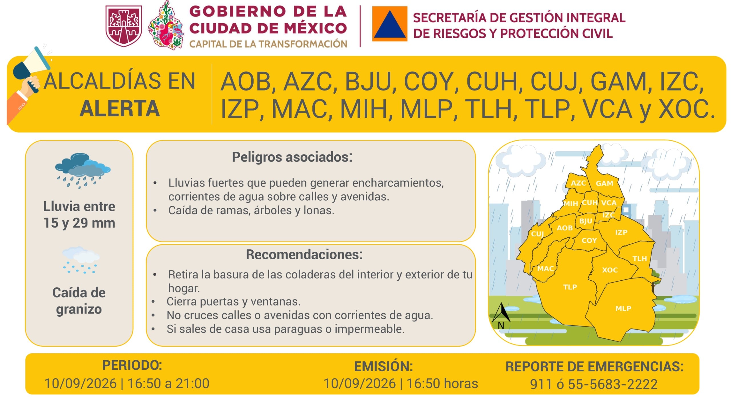 Alerta Amarilla en CDMX por lluvias