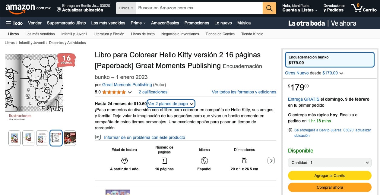 Libro para colorear de Hello Kitty en Amazon