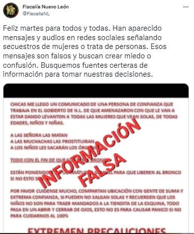 Fiscalía de Nuevo León desmiente secuestro masivo de mujeres