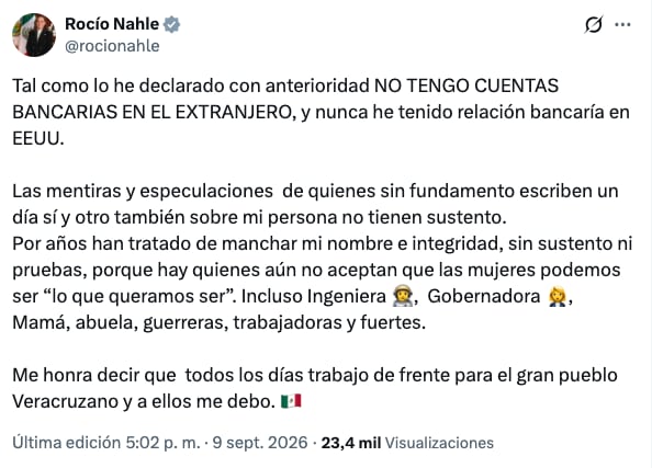 Rocío Nahle rechaza ser dueña de cuentas bancarias en Estados Unidos