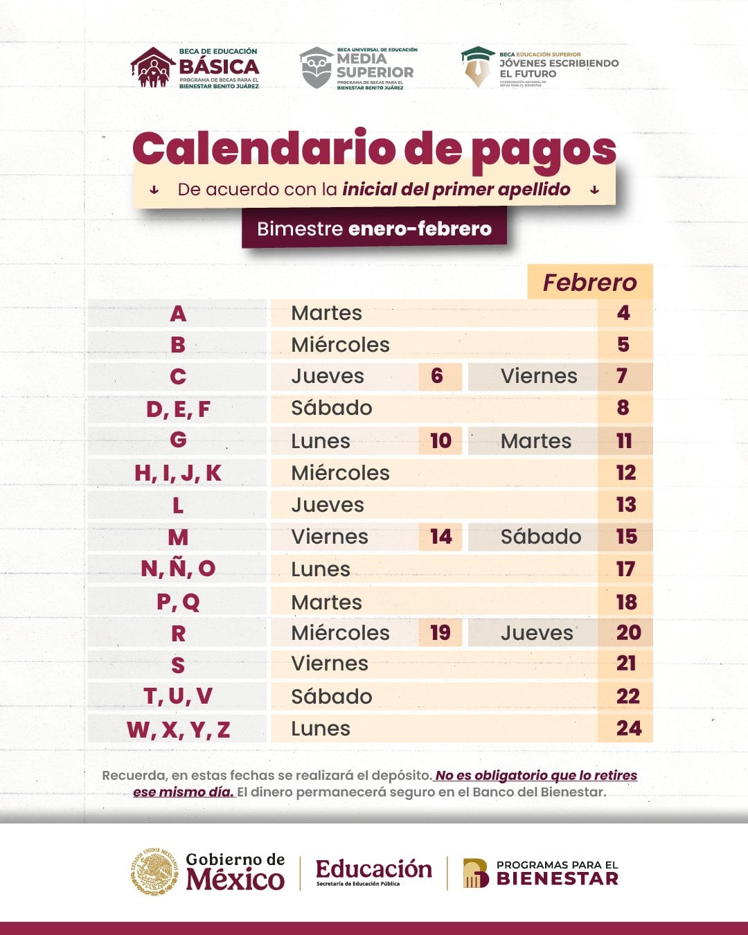 calendario de pagos para febrero 2025 de becas del bienestar