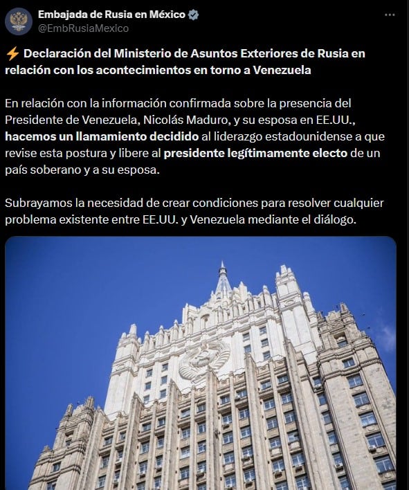 Rusia pide a Estados Unidos liberar a Maduro y a su esposa tras anuncio de captura