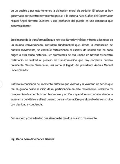 Comunicado de Geraldine Ponce