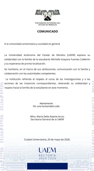 UAEM se solidariza con familia de Michelle Itzayana Fuentes Calderón