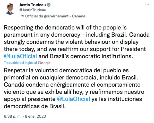 México, Estados Unidos y Canadá se solidarizan con Lula da Silva y Brasil por ataques de bolsonaristas