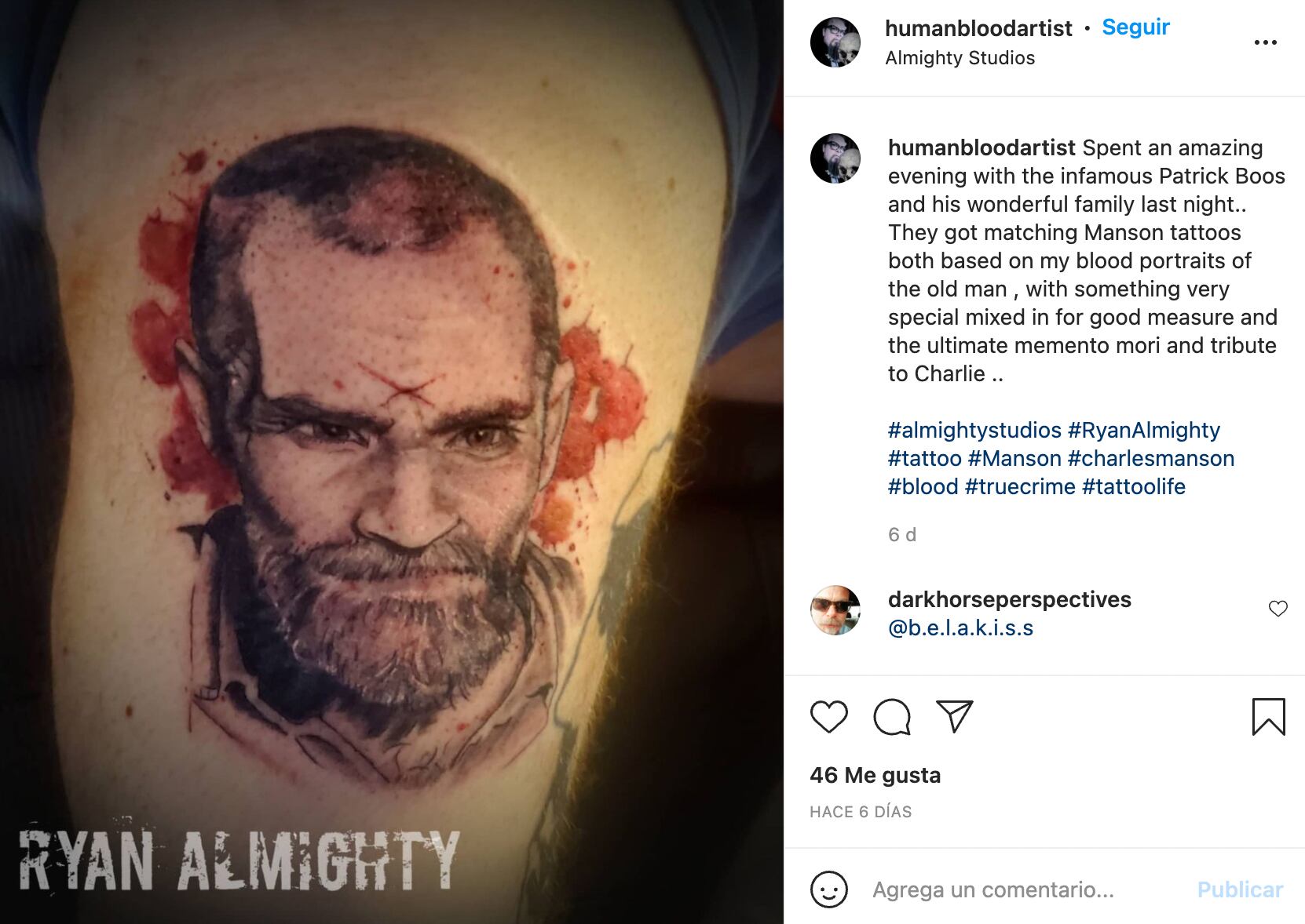 Pareja se tatúa la cara de Charles Manson con sus cenizas