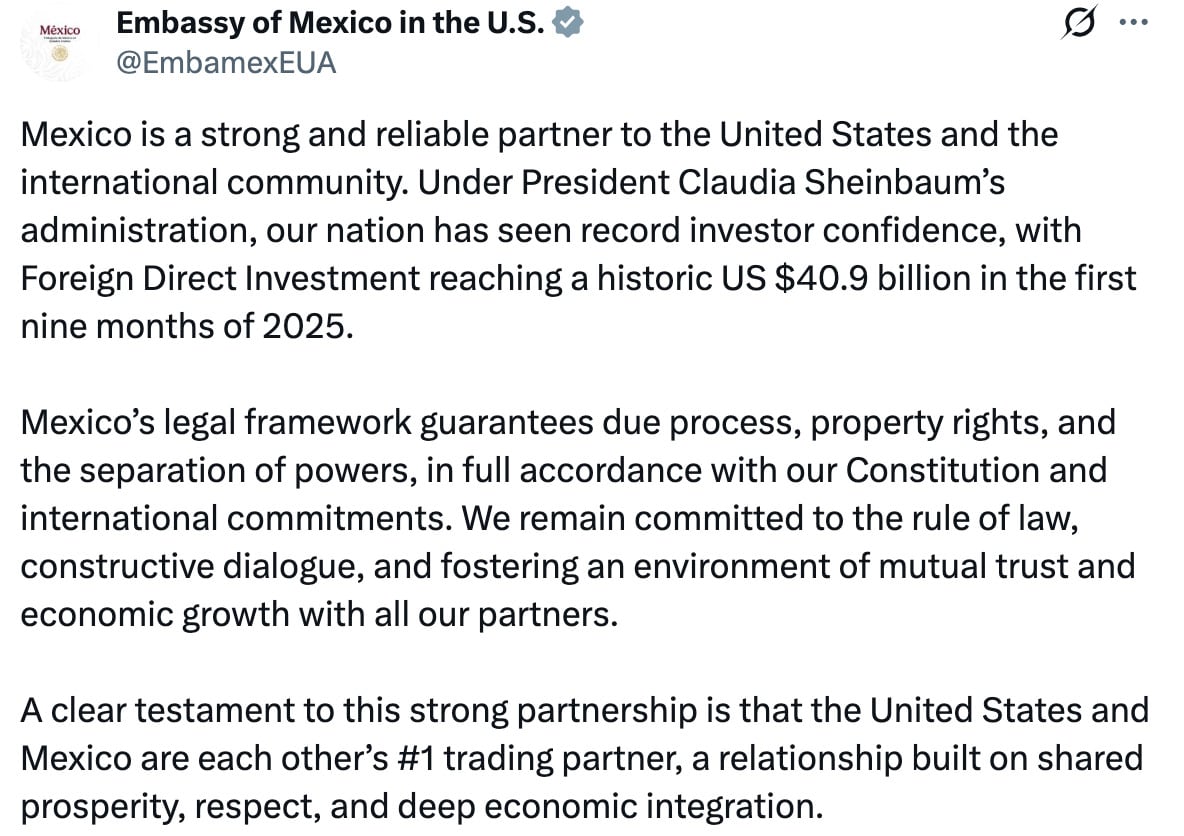 Embajada de México en Estados Unidos defiende a Claudia Sheinbaum ante críticas del congresista Carlos A. Gimenez