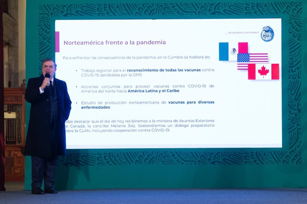 Marcelo Ebrard presentando los ejes de la reunión de México, Estados Unidos y Canadá/ Fotografía: Presidencia