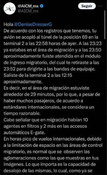 Respuesta del AICM a queja de Denise Dresser genera polémica en redes