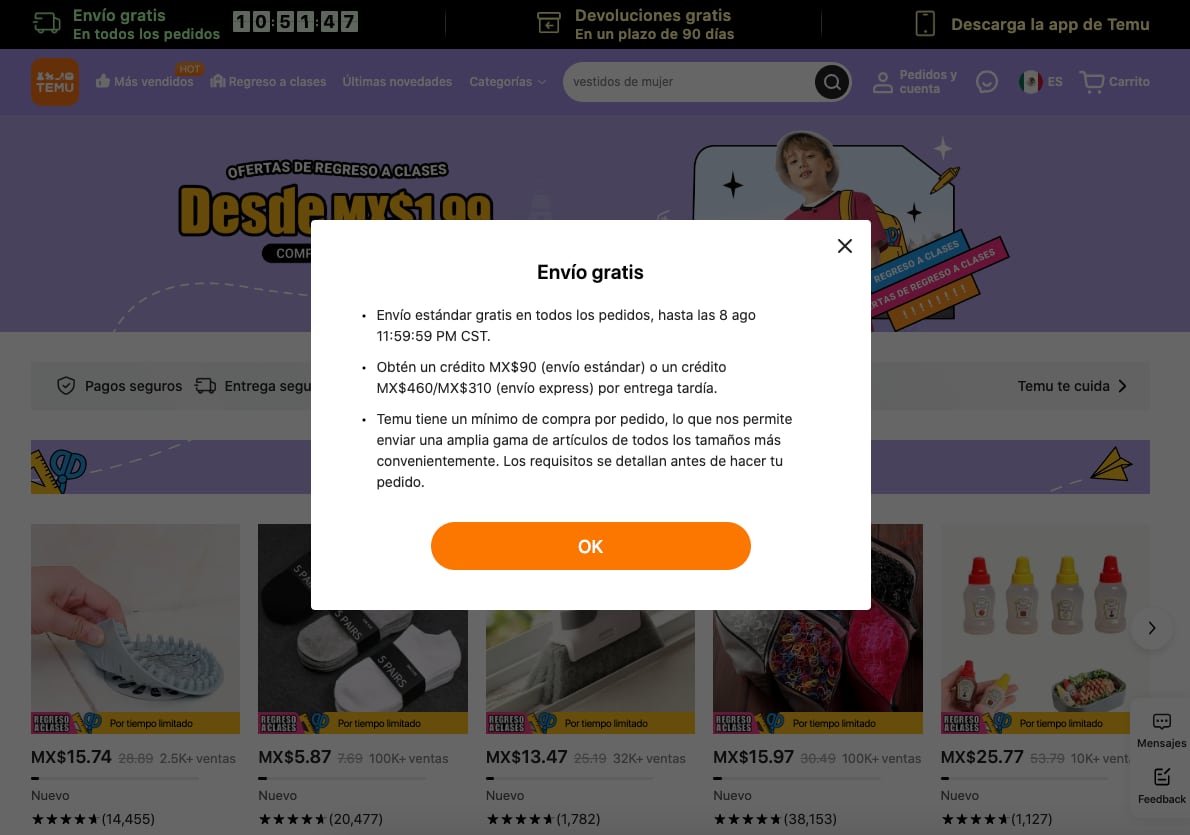 Temu tiene la promoción de envío gratis