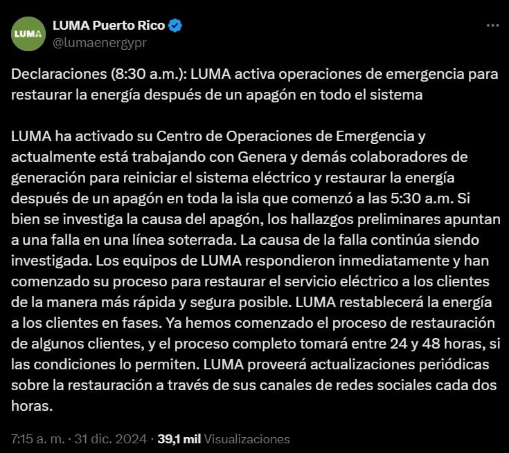 Apagón masivo en Puerto Rico hoy 31 de diciembre