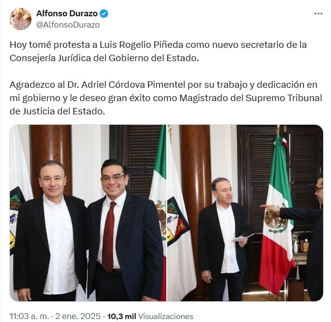 Luis Rogelio Piñeda Taddei, hijo de Guadalupe Taddei es designado como consejero Jurídico del gobierno de Sonora