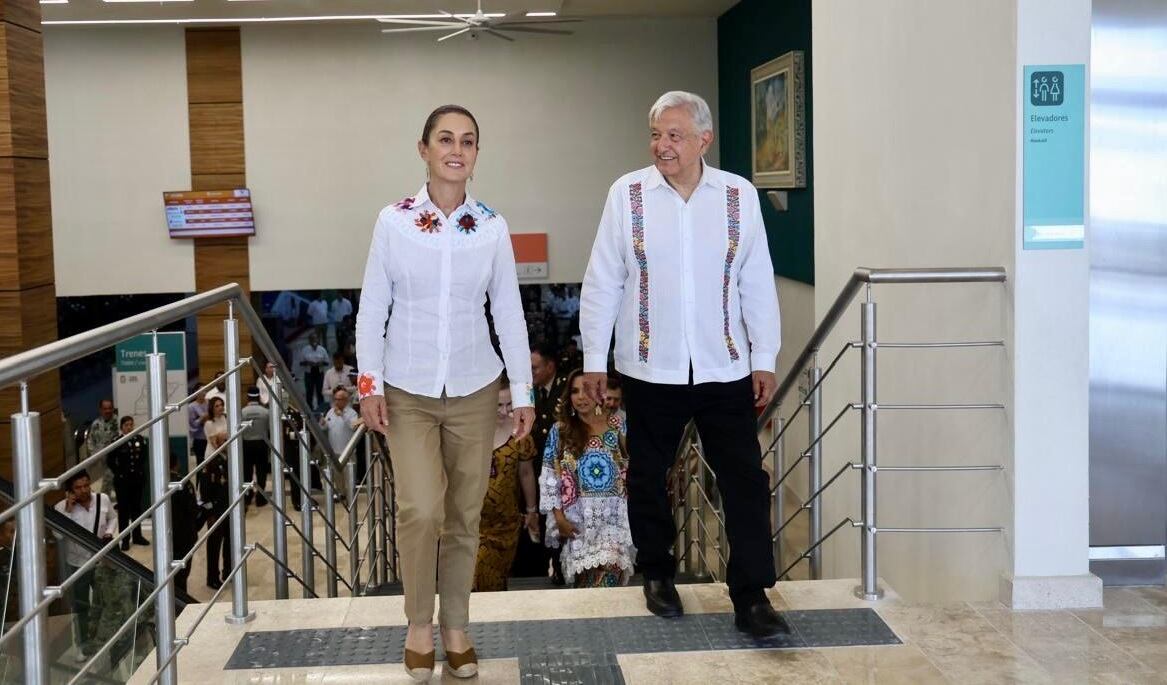 Claudia Sheinbaum y AMLO en visita a Chetumal, Quintana Roo