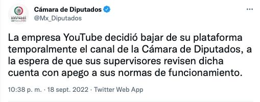 La plataforma de YouTube cierra canal de la Cámara de Diputados por violaciones a sus normas de funcionamiento