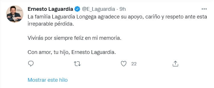 Ernesto Laguardia agradece muestras de apoyo tras la muerte de su mamá Yolanda Longega Castellanos