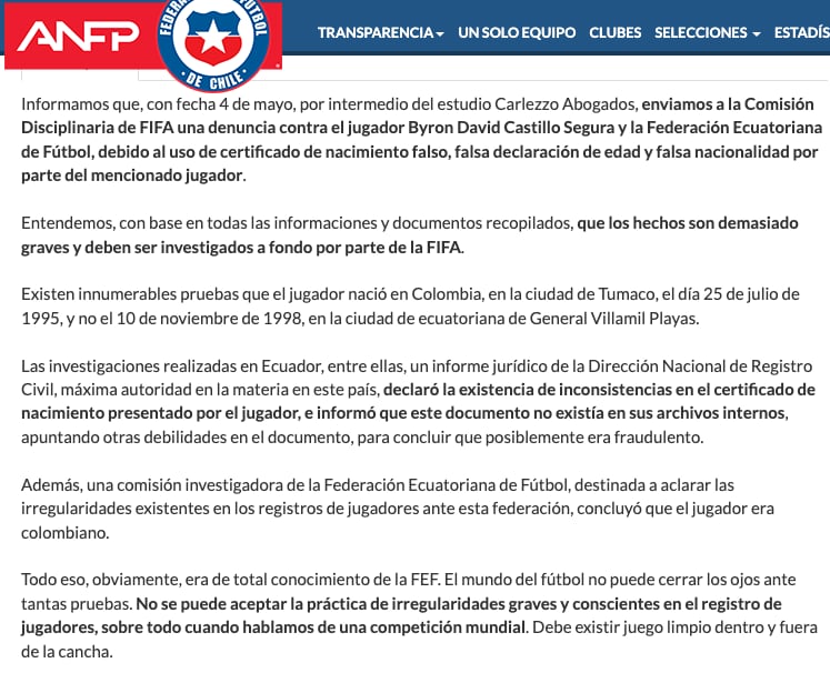 Comunicado de la ANFP de Chile.