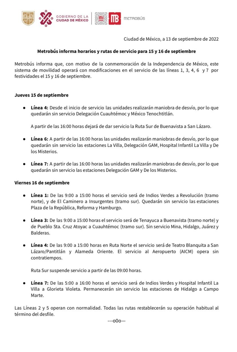 Horarios del Metro, Metrobús, Trolebús y RTP para el 15 y 16 de septiembre