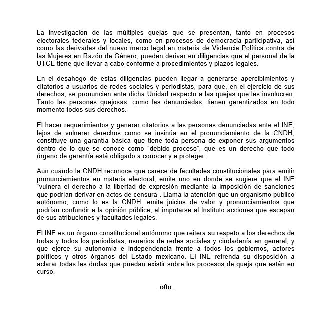 INE responde a CNDH, dice no vulnerar libertad de expresión a influencers y periodistas