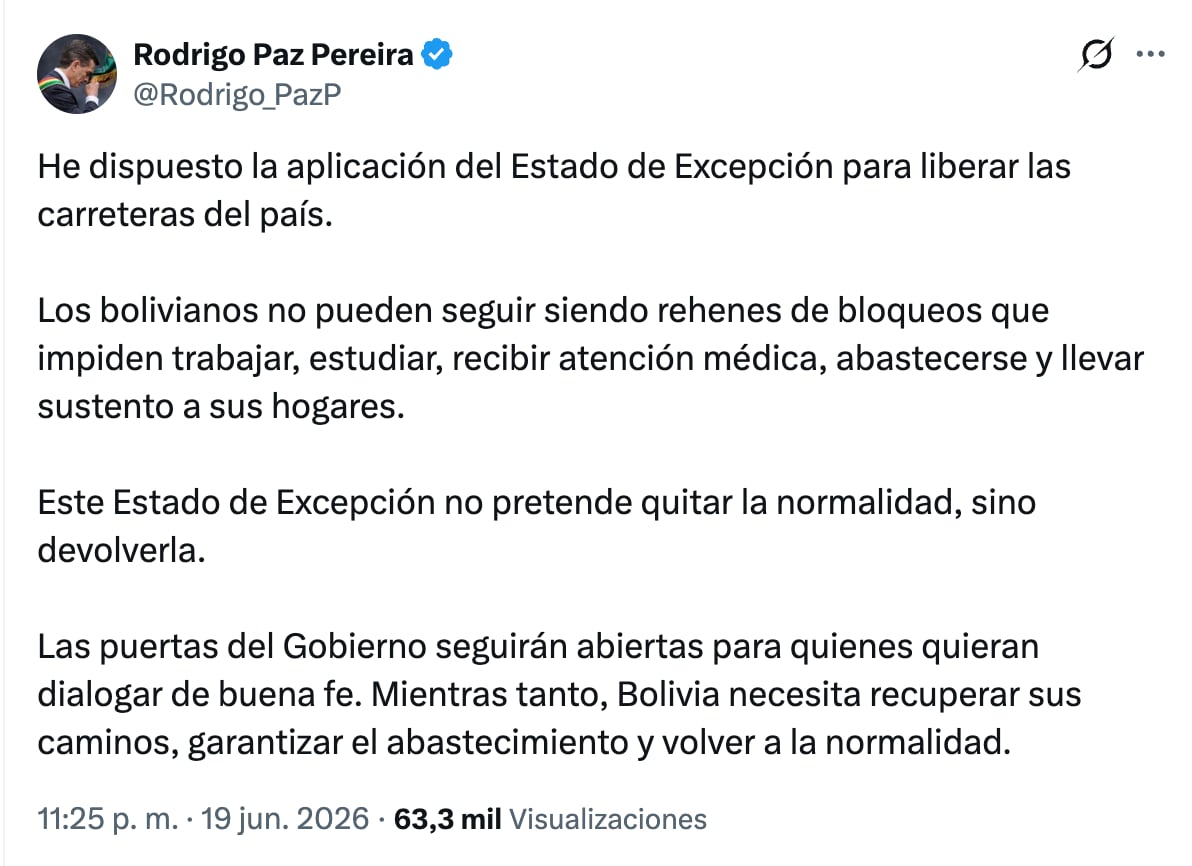 Rodrigo Paz decreta estado de excepción en Bolivia