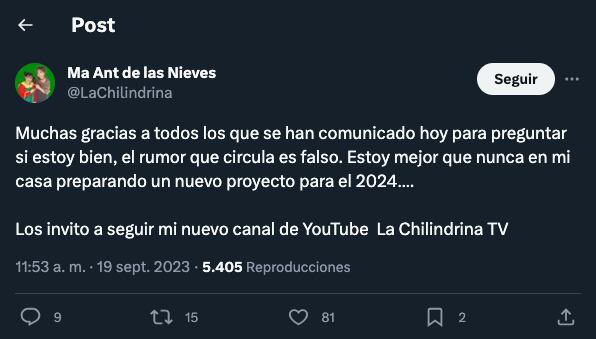 María Antonieta de las Nieves desmiente su muerte en redes sociales