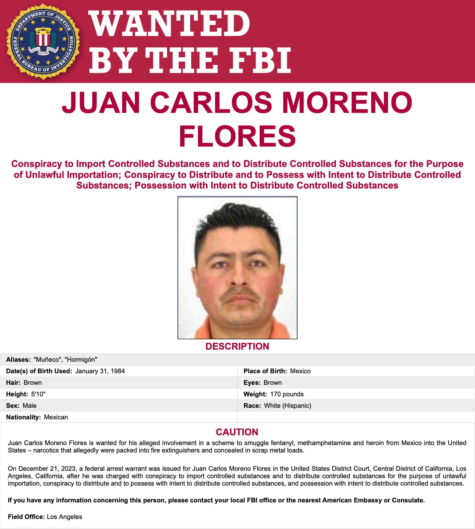 Juan Carlos Moreno Flores, mexicano buscado por el FBI