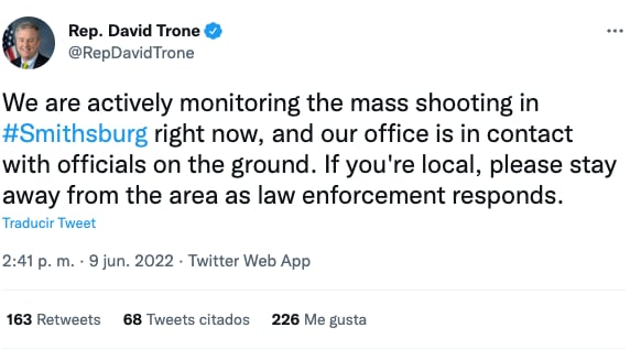 David Trone expresa estar monitoreando tiroteo en fábrica de Maryland