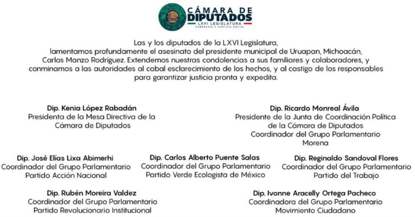 Diputados exigen castigo a los responsables de la muerte de Carlos Manzo