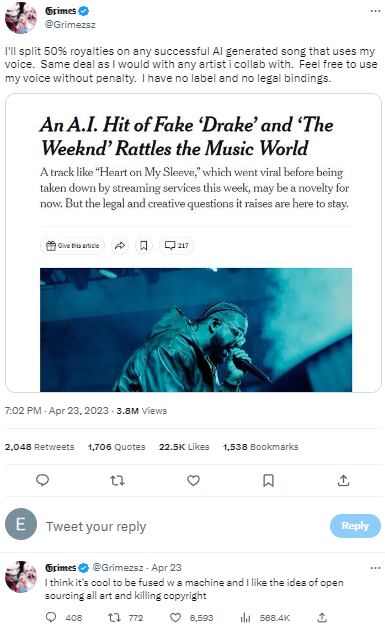 Tuit de Grimes anunciando que regala su voz a la inteligencia artificial