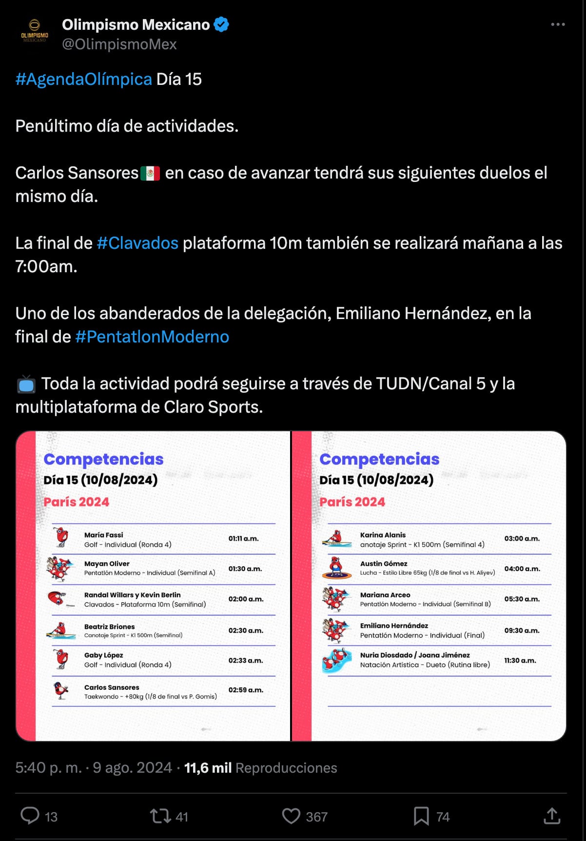 Agenda atletas mexicanos para el sábado 10 de agosto.