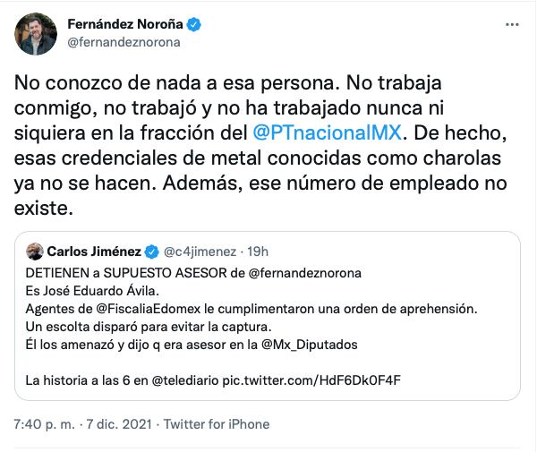 Tuit de Gerardo Fernández Noroña, deslindándose de sujeto detenido en el Estado de México