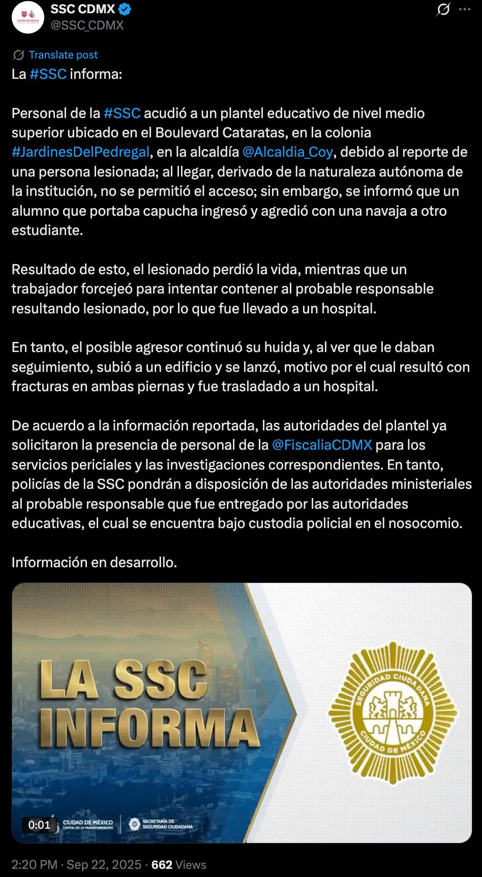 SSC sobre muerte de estudiante de CCH Sur, UNAM