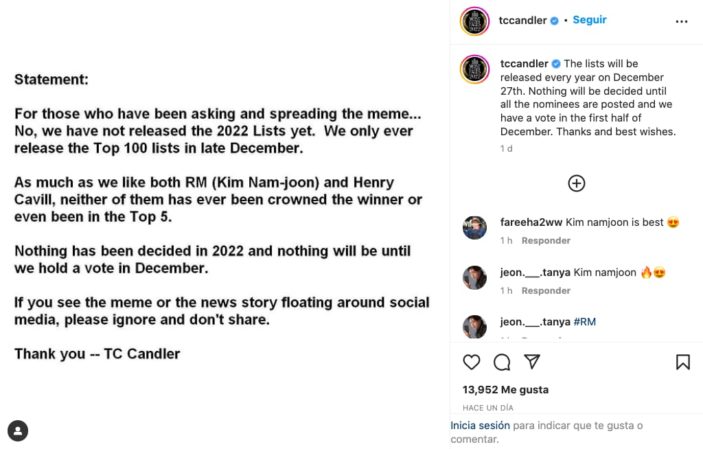 Comunicado de TC Candler sobre el hombre más guapo del mundo